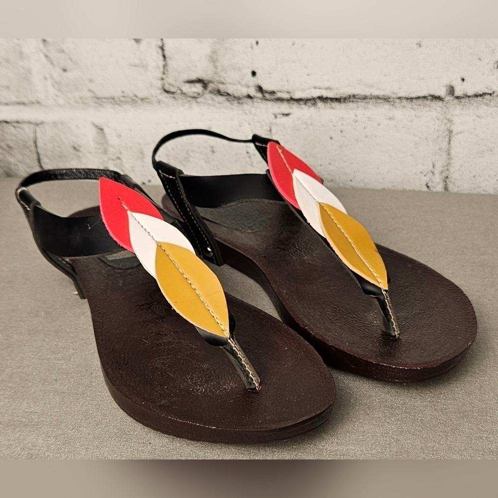 Leather T-Strap Sandals with Red, White & Mustard Leaf Accents